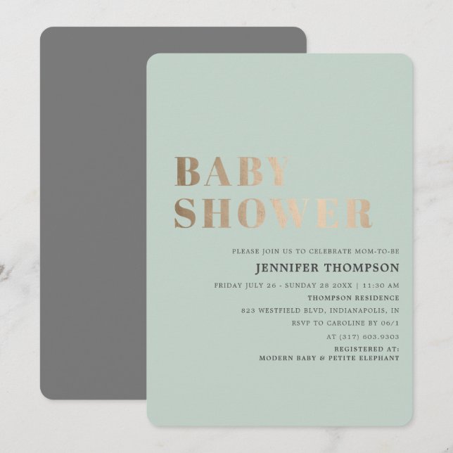 Simple Neutral Eucalyptus Green & Gold Baby Shower Invitation (Front/Back)