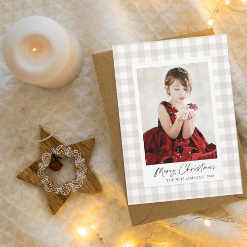 Simple Neutral Gingham Photo Christmas Card 