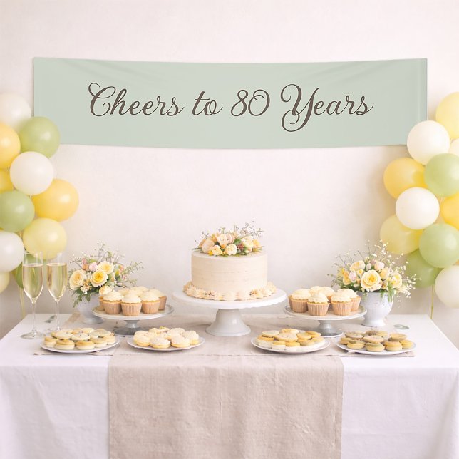Simple Neutral Green Cheers 80 Years Birthday Banner (Sage green "Cheers to 80 years" birthday party banner)