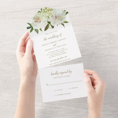 Simple Neutral Ivory White Floral Elegant Wedding All In One Invitation