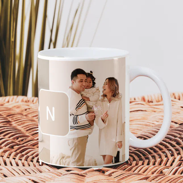 Simple Neutral Monogram Two Photo Coffee Mug (Creator Uploaded)