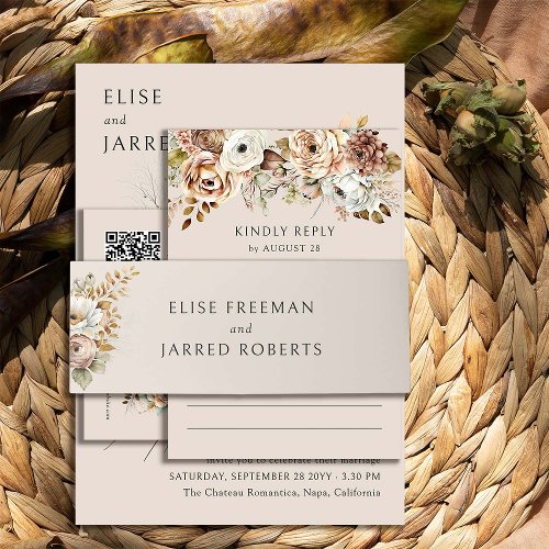 Simple Neutral Rustic Brown Floral Wedding Invitation Belly Band