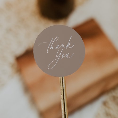 Simple Neutral Tan Calligraphy Script Thank You Classic Round Sticker