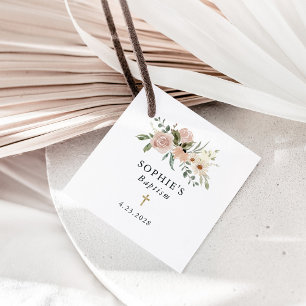 Simple Neutral Watercolor Flowers Baptism Favor Tags