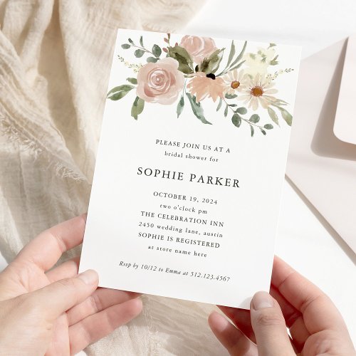 Simple Neutral Watercolor Flowers  Bridal Shower Invitation