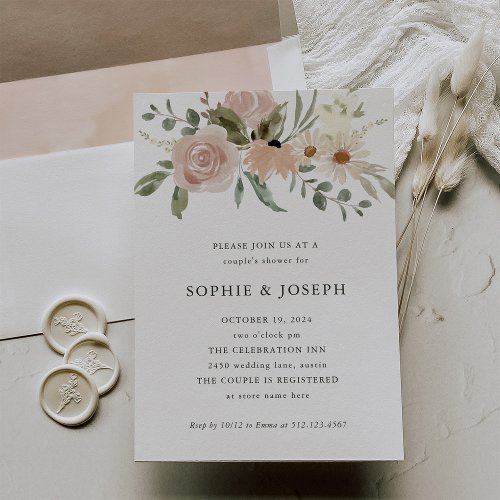 Simple Neutral Watercolor Flowers  Couples Shower Invitation