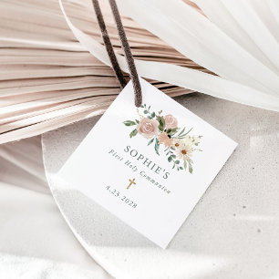 Simple Neutral Watercolor Flowers First Communion Favor Tags