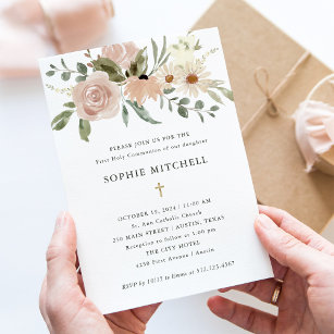 Simple Neutral Watercolor Flowers First Communion Invitation