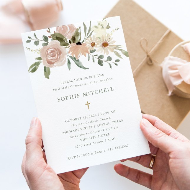 Simple Neutral Watercolor Flowers First Communion Invitation (Creator Uploaded)