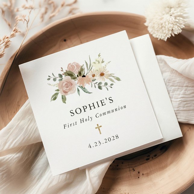 Simple Neutral Watercolor Flowers First Communion Napkins (Creator Uploaded)