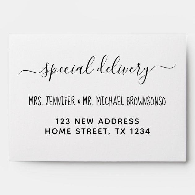 Simple new home special delivery newly weds script envelope