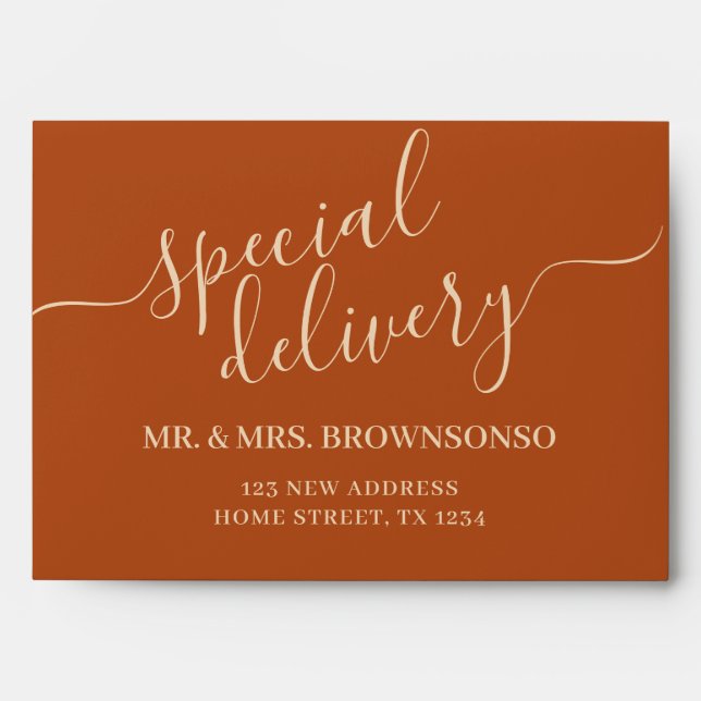 Simple new home special delivery terracotta envelope (Front)