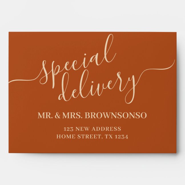 Simple new home special delivery terracotta envelope
