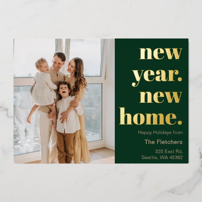 Simple New Year New Home Photo Moving Foil Holiday Card (Front)