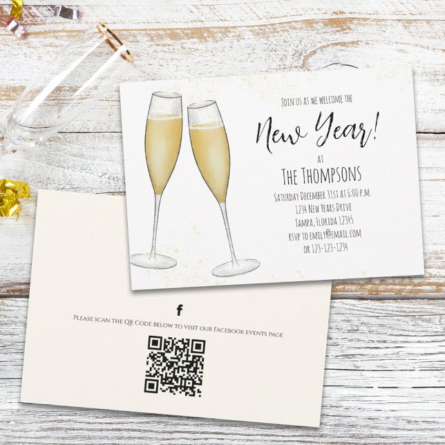 Simple New Years Party Champagne QR Code Events Invitation (Creator Uploaded)