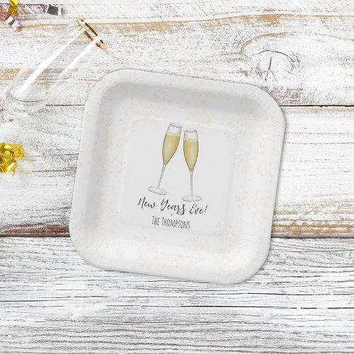Simple New Years Party Champagne Watercolor Gold  Paper Plates