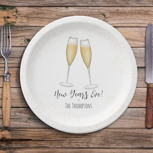 Simple New Years Party Champagne Watercolor Gold Paper Plates