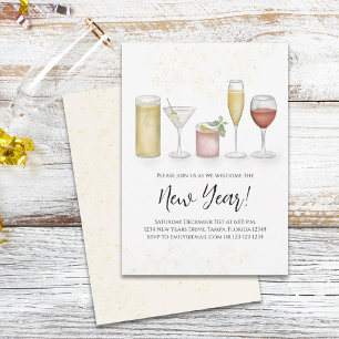 Simple New Years Party Cocktail Drinks Watercolor Invitation