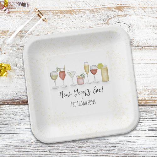 Simple New Years Party Cocktail Drinks Watercolor Paper Plates