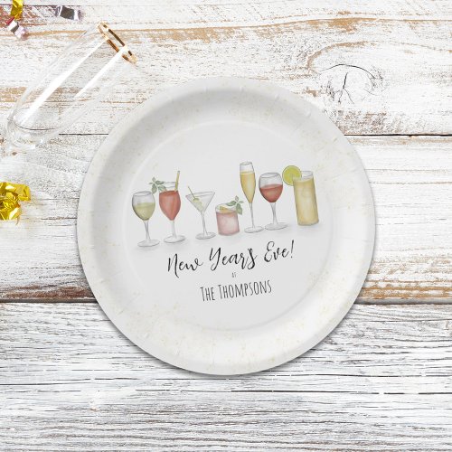 Simple New Years Party Cocktail Drinks Watercolor Paper Plates