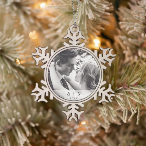 Simple Newlywed Photo Elegant Christmas Snowflake Pewter Christmas Ornament