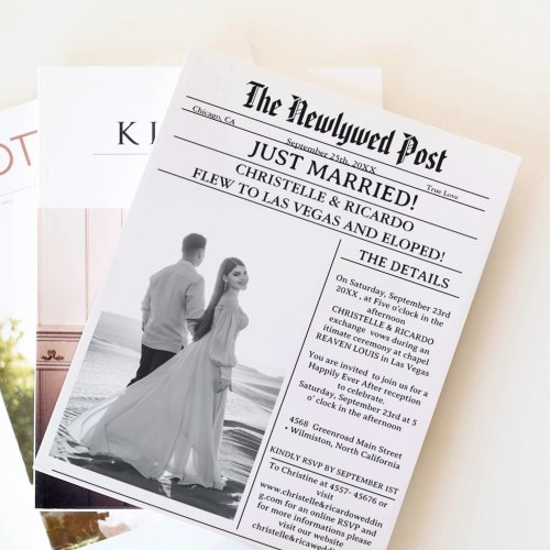 Simple newspaper elopement just married announceme invitation
