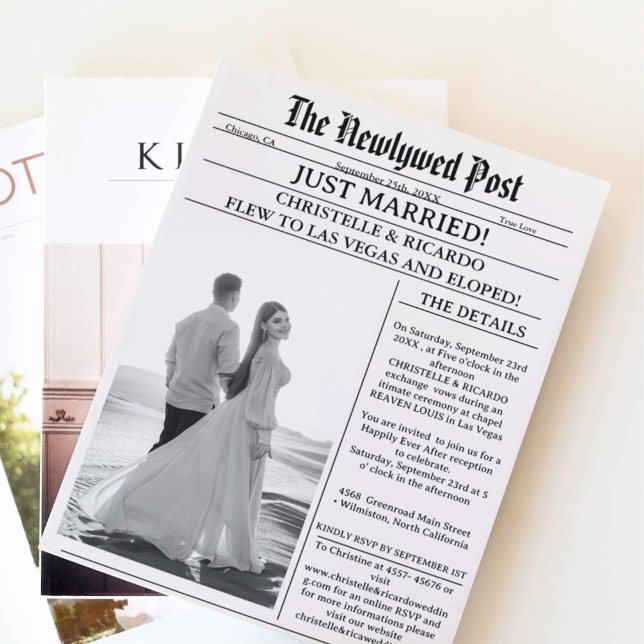 Simple newspaper elopement just married announceme invitation (Creator Uploaded)