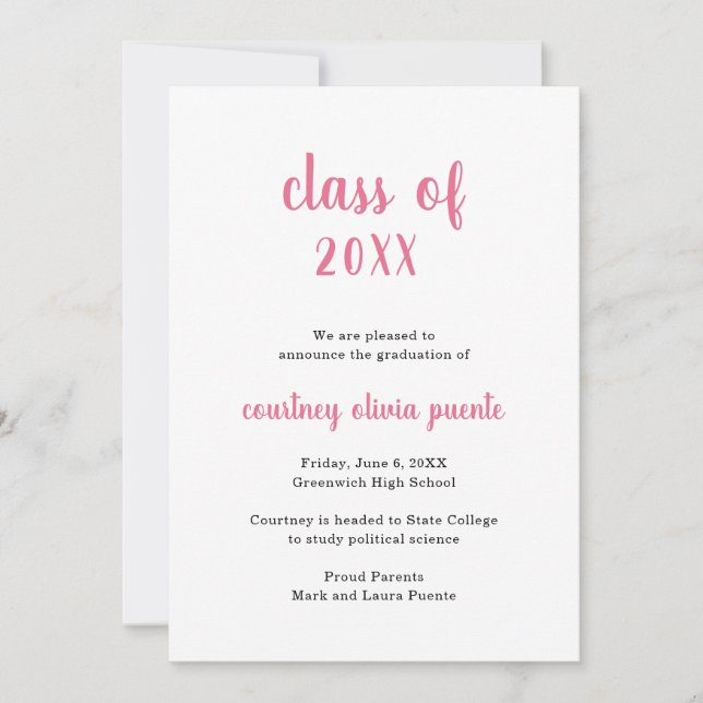 Simple Non Photo Pink Graduation Announcement (Front)