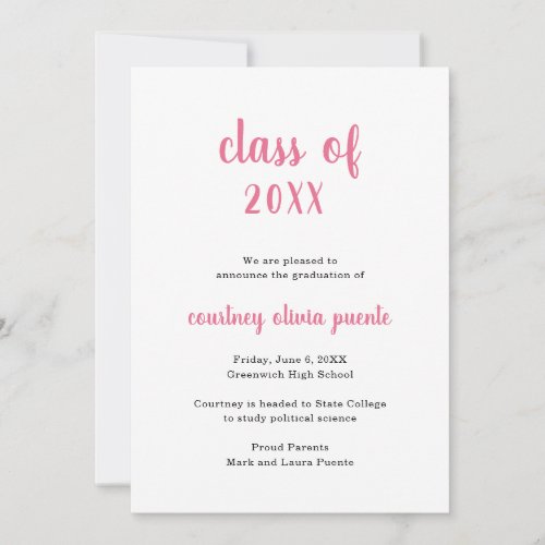 Simple Non Photo Pink Graduation Announcement