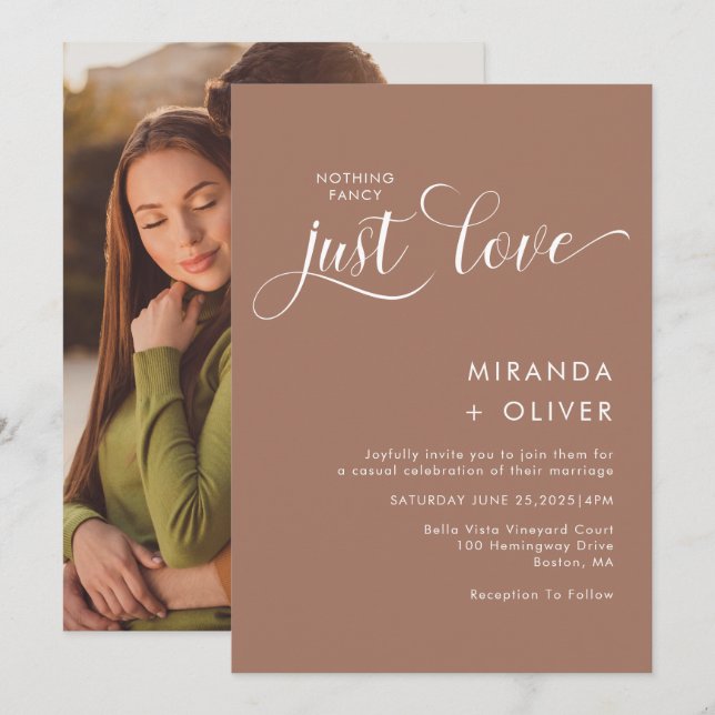 Simple Nothing Fancy Just Love Photo Mocha Wedding Invitation (Front/Back)