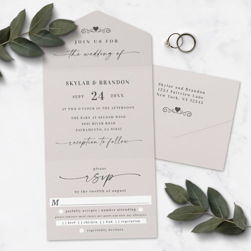 Simple Off_White Ivory Elegant Calligraphy Wedding All In One Invitation