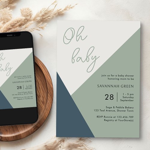 Simple Oh Baby Script Sage Tricolor Baby Shower Invitation