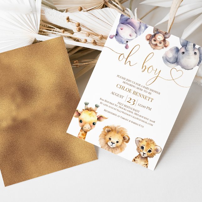 Simple Oh Boy Safari Animals Baby Shower Invitation (Modern safari baby shower invitation featuring six cute safari animals and faux copper heading.)