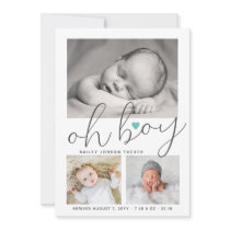 Simple Oh Boy Teal Heart Collage Photo Birth Announcement