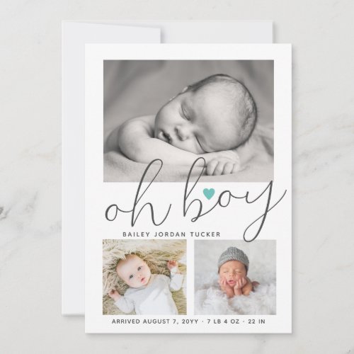 Simple Oh Boy Teal Heart Collage Photo Birth Announcement