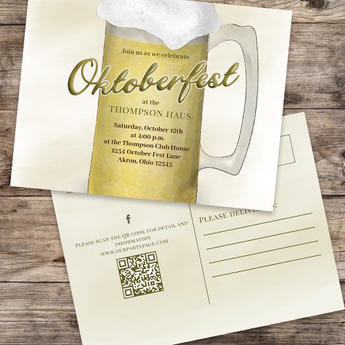 Simple Oktoberfest Watercolor Gold Beer QR Code Postcard