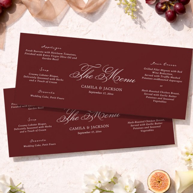 Simple Old Money Burgundy Wedding Menu Card (Creator Uploaded)