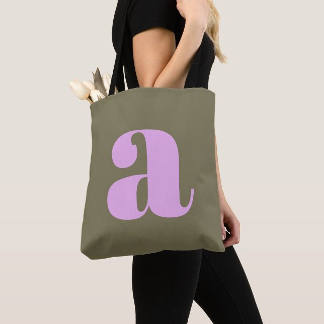 Simple Olive and Lilac Bold Retro Monogram Initial Tote Bag (Close Up)