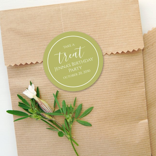 Simple Olive Green Birthday Calligraphy Cute Party Classic Round Sticker (Creator Uploaded)