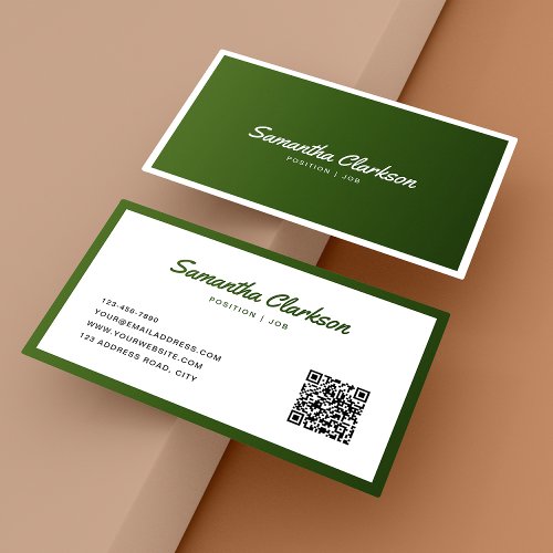 Simple Olive Green Border Script QR Code Business Card