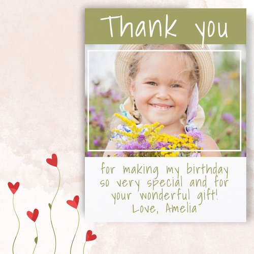 Simple Olive Green Girl Photo Birthday Thank you Postcard