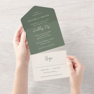 Simple Olive Green Modern Wedding All In One Invitation