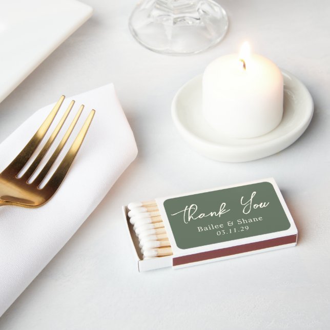 Simple Olive Green Modern Wedding Matchboxes (Insitu)
