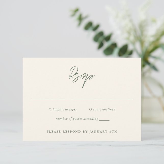 Simple Olive Green Modern Wedding RSVP Card (Standing Front)