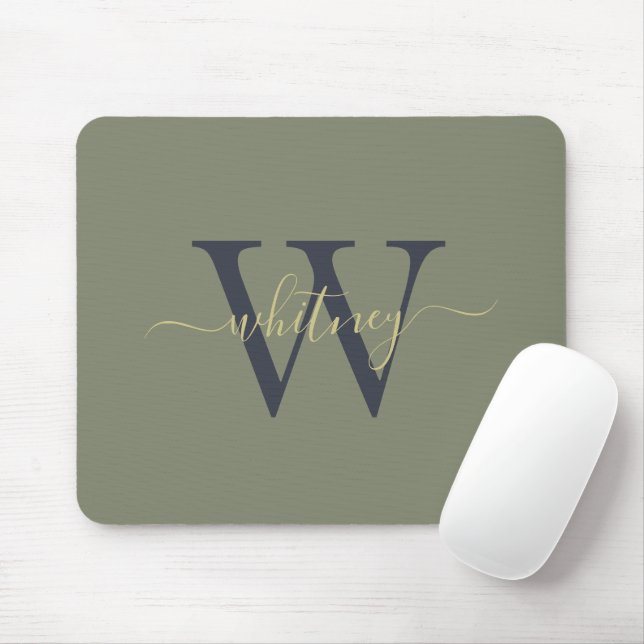 Simple Olive Green Monogrammed Mouse Pad (With Mouse)