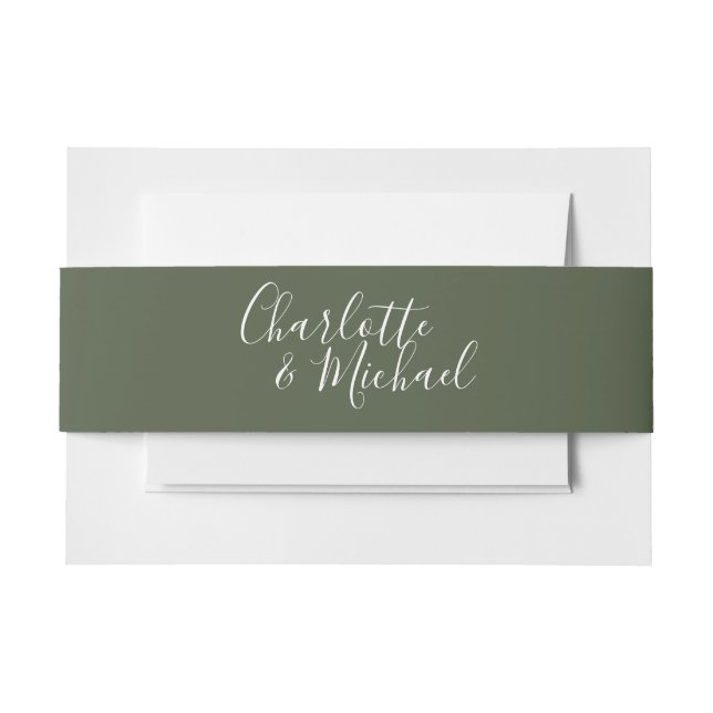 Simple Olive Green Signature Script Invitation Belly Band (Front Example)