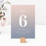 Simple Ombre Blush Pink & Dusty Blue Wedding Table Number<br><div class="desc">Simple Ombre Blush Pink & Dusty Blue Wedding Reception Dinner Table Numbers. This modern chic Table Card is simple classic and elegant with a subtle ombre gradient fade and a pretty signature script calligraphy font with tails. Shown in the new Colorway. Available in several color options, or feel free to...</div>