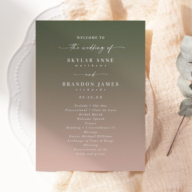 Simple Ombre Dark Green & Pink Wedding Ceremony Program (Creator Uploaded)