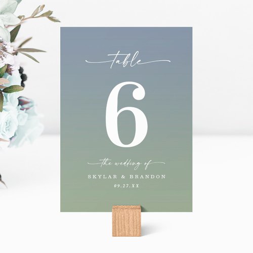 Simple Ombre Dusty Blue  Leaf Green Wedding Table Number