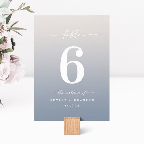 Simple Ombre Gardenia White  Dusty Blue Wedding Table Number